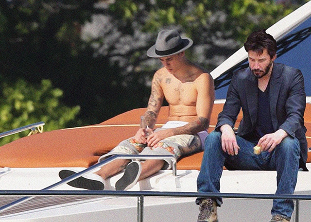 Cư dân mạng gán ghép Justin với hình ảnh của tài tử Keanu Reeves cũng từng “ngồi buồn” trên phố với vẻ tương tự. Ngôi sao Ma Trận cũng là một trong số các sao trở thành đề tài chế ảnh khá nhiều.