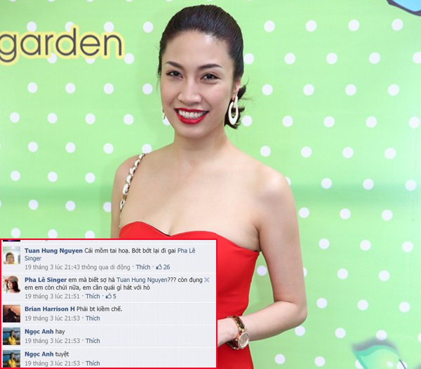 Cho rằng hình ảnh của mình bị sử dụng mà không được sự cho phép. nữ ca sĩ bức xúc bày tỏ sự bức xúc bằng một status có chứa những từ ngữ khá bậy. Khi được ca sĩ đàn anh Tuấn Hưng nhắc nhở, giọng ca xứ cảng đáp lại cô không biết sợ và không cần đến sự nghiệp ca hát. Trước đó Pha Lê còn có không ít những phát ngôn gây sốc.