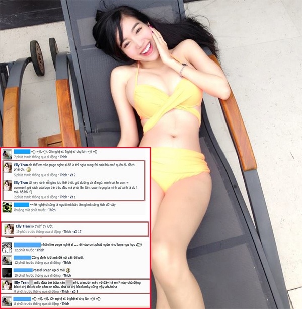 Đáp trả lại cư dân mạng, Elly Trần từng viết những status phản ứng lại antifan và comment lại với những ai lên tiếng chỉ trích mình. Trong các status và comment, người đẹp không ngại sử dụng những ngôn từ tục tĩu. Elly Trần cũng khẳng định cô không mặn mà với danh xưng “người nổi tiếng”.