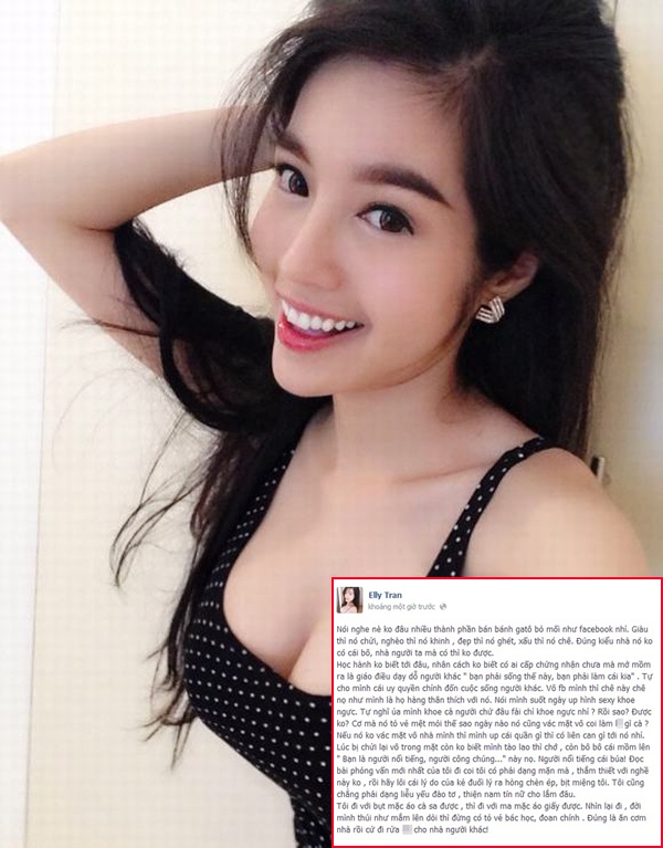 Elly Trần không góp mặt trên báo chí, các sự kiện giải trí nhưng với cư dân mạng, cô vẫn hot bởi thường xuyên đăng tải những hình ảnh khoe đường cong nóng bỏng. Vì thói quen chia sẻ những hình ảnh gợi cảm, hot girl kiêm diễn viên ngực khủng nhiều lần bị antifan chỉ trích vì cho rằng cô nghiện khoe thân. 