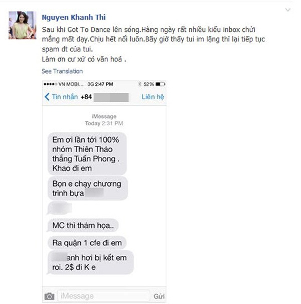 Trong đoạn tin nhắn được Khánh Thi tiết lộ, chủ nhân của số máy lạ chê chương trình và cách dẫn của cô cũng như rủ rê Khánh Thi uống nước và thậm chí ra giá <abbr class=