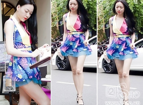 Vũ Hoàng Điệp đẹp rực rỡ xuống phố với váy họa tiết ngắn lửng lơ.