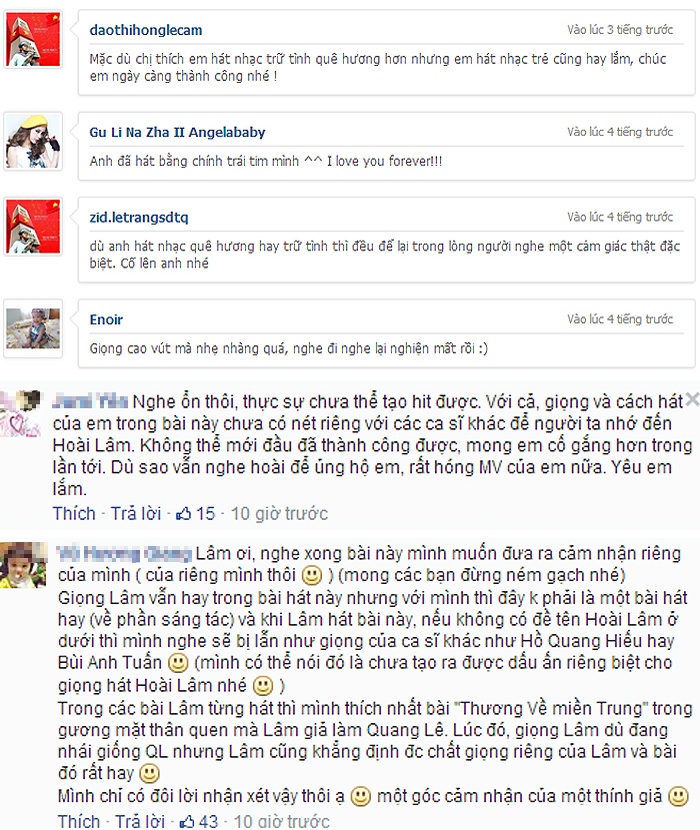 Những ý kiến khen chê trái chiều trên Zing MP3 và trang cá nhân của Hoài Lâm.
