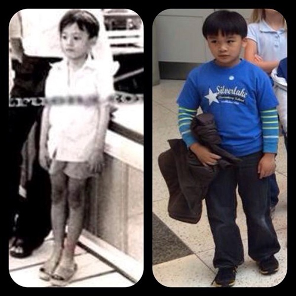 Anh Hai Lam Trường hiếm khi khoe cậu con trai 8 tuổi Tiêu Kiến Văn nhưng một lần nhớ con, nam ca sĩ đăng bức ảnh ngày bé của anh và Kiến Văn hiện tại. Cư dân mạng so sánh cho thấy ngoài cân nặng khác biệt thì Kiến Văn khá giống với bố Lam Trường ở mái tóc, đôi mắt và miệng với vẻ khá hiền lành. 