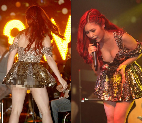 Tháng 3 đầu năm nay, Hương Tràm cũng gây nhức mắt với khán giả Hà Nội khi cô diện bộ váy sequin ngắn đến mức không thể che chắn hết nội y. 