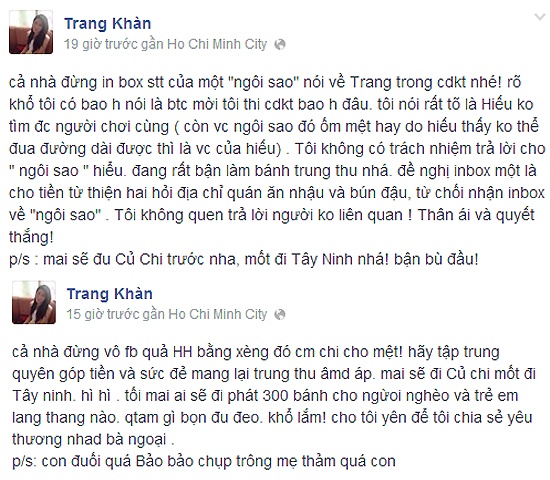 Hai đoạn status đáp trả Quế Vân của thành viên nữ đội Cam.