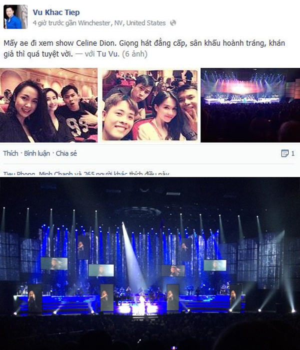 Tháng 3/2014 khi đến Mỹ, ông bầu Khắc Tiệp cùng dàn chân dài trong đó có “gà cưng” Ngọc Trinh rủ nhau tới xem show của diva Celine Dion và chụp lại hình ảnh khi đã ngồi yên vị. Trong chuyến đi diễn ở Mỹ, hình ảnh Ngọc Trinh diễn nội y trên “sân khấu chuồng gà” gây xôn xao cộng đồng mạng Việt. 