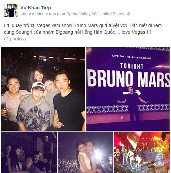 Hồi tháng 8 mới đây, ông bầu tiếp tục gây chú ý vì loạt ảnh du ngoạn Las Vegas, Mỹ nhân dịp đưa người mẫu Tường Vy đến tham gia cuộc thi Hoa hậu người Việt thế giới 2014. Khắc Tiệp tự nhủ trong chuyến đi, mỗi ngày anh sẽ xem một show diễn. 