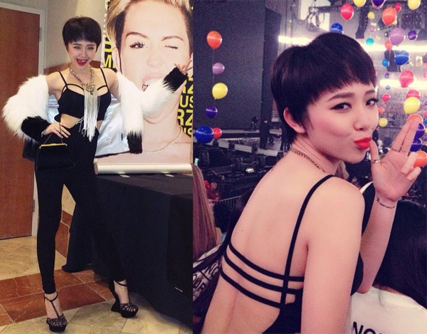 Tháng 2/2014, Tóc Tiên đăng loạt ảnh trong hội trường đêm diễn nằm trong tour diễn Bangerz của nữ ca sĩ Miley Cyrus tại Mỹ. Không ngại vì bị cho là ảnh hưởng từ gu thời trang nổi loạn của Miley, Tóc Tiên đem theo trang phục sexy gợi cảm đến show diễn, tạo dáng bên cạnh tấm poster Miley. 