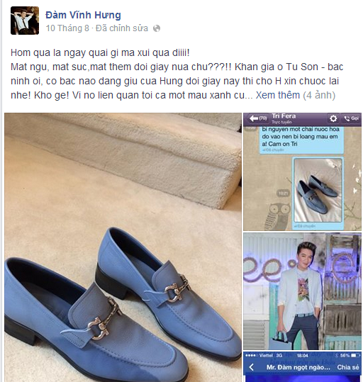 Cách đây không lâu, Đàm Vĩnh Hưng tiếp tục thông báo anh bị mất đôi giày hiệu màu xanh ở Bắc Ninh. Trên trang cá nhân, “quý ông nhạc Việt” đăng status muốn chuộc lại đôi giày với giọng điệu khá hài hước. 