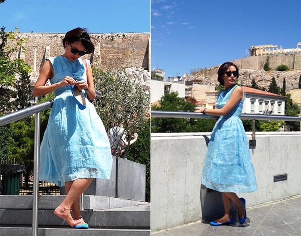 Hồng Ánh chia sẻ, tới Santorini cô mới được chiêm ngưỡng nước biển xanh trong vắt, phong cách thiết kế nội thất đậm chất vintage ở nơi đây cũng khiến cô thích thú. Gần Santorini có một miệng núi lửa và các dòng nước nóng thu hút du khách. 