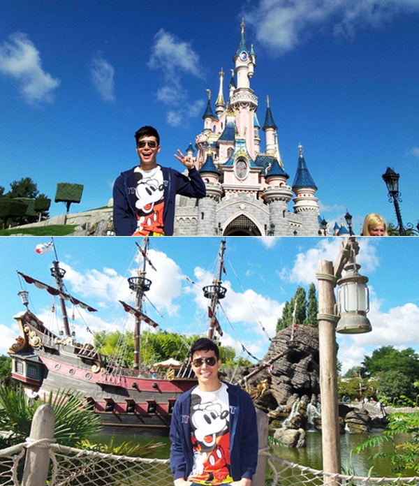 Disneyland Paris  nằm ở thị trấn  mới Marne-la-Vallée bắt đầu hoạt động từ 12/4/1992, cách Paris 32km. Khi ra về, nam ca sĩ còn kệ nệ trên vai những món đồ lưu niệm.  