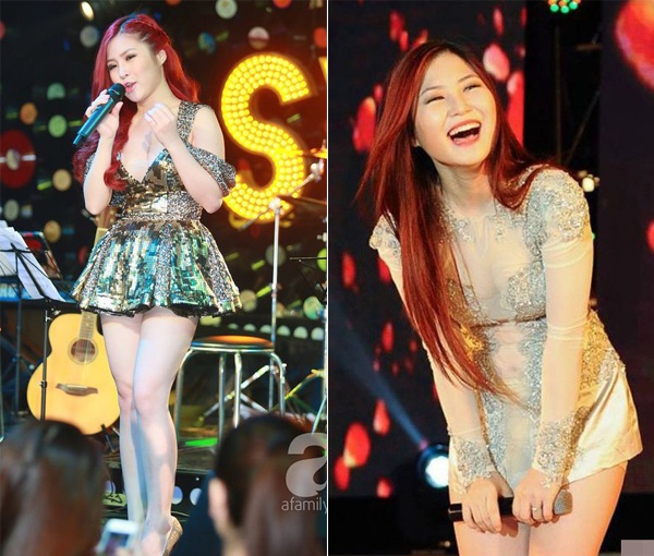 Đi theo phong cách gợi cảm, nữ ca sĩ trẻ Hương Tràm cũng sắm sửa cho mình những trang phục sexy. Tuy nhiên sự lựa chọn của cô có phần quá đà khi từng ít nhất 2 lần diện những bộ váy quá ngắn lên sân khấu. 