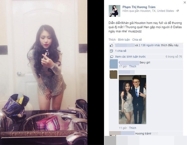 Cách đây không lâu, sau khi bị cơ quan chức năng “sờ gáy” vì trang phục hở đồ lót khi hát ở quán bar, Hương Tràm mang bộ váy khá ngắn ngủi cô từng diện ở Việt Nam sang Mỹ biểu diễn. Bức ảnh quán quân chụp trước giờ diễn và đăng tải lên trang cá nhân bị không ít cư dân mạng “ném đá”, cho rằng cô vẫn chưa rút kinh nghiệm sau sự cố vừa qua. 