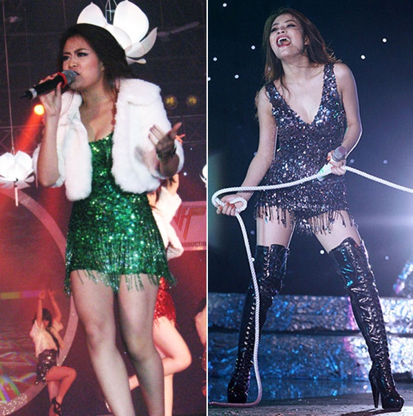 Lấy cảm hứng từ trang phục sequin của các vũ nữ, Hoàng Thùy Linh sở hữu cả một bộ sưu tập váy siêu ngắn. Với phong cách trình diễn sôi động đòi hỏi vũ đạo mạnh mẽ, không ít lần nữ ca sĩ trẻ lộ quần bên trong. 