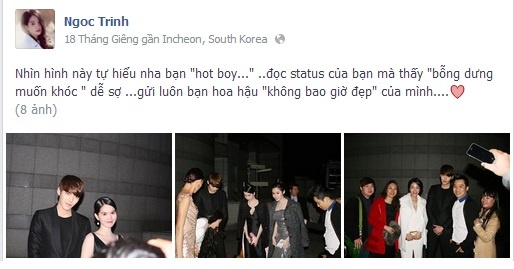 Không lâu sau đó, người mẫu nội y đưa ra những bằng chứng cho thấy cô đã thực sự gặp gỡ Kim Woo Bin và đáp trả lại lời mỉa mai của Ngọc Hân lẫn Lương Mạnh Hải. Bằng cách gọi ẩn ý, trong status, Ngọc Trinh viết: “Nhìn hình này tự hiểu nha bạn 
