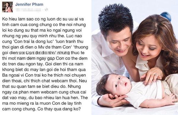 Tháng 8/2012, trên trang cá nhân, hoa hậu Jennifer Phạm bất ngờ đăng status chỉ trích chồng cũ Quang Dũng lợi dụng con trai Bảo Nam để lấy lòng công chúng. Bà mẹ một con khi đó bức xúc tố Quang Dũng nói dối trước công chúng về những lần liên lạc với Bảo Nam nhưng thực tế lại rất hời hợt. Cô viết: “Lúc nào cũng “con trai là động lực”, “luôn tranh thủ thời gian đi diễn ở Mỹ để thăm con”, “thường gọi điện với con để đỡ nhớ. Nhưng thực tế thì một năm đếm ngày gặp con có thể đếm trên đầu ngón tay,…”. 
