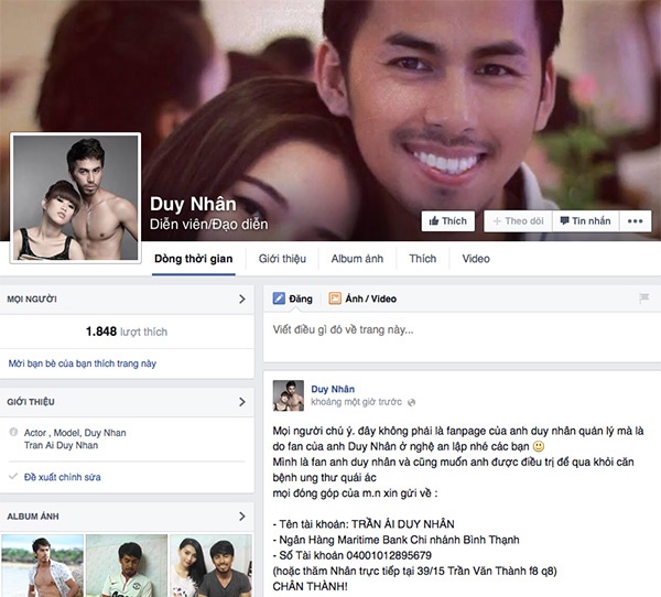 Một fanpage có tên Duy Nhân được lập ra, có nội dung cập nhật bệnh tình của nam diễn viên và kèm theo thông tin tài khoản để cộng đồng mạng có thể gửi tiền ủng hộ. Tuy nhiên chỉ vài ngày sau, fanpage này bị tố là giả mạo với mục đích trục lợi cá nhân. Chủ nhân fanpage ngay lập tức lên tiếng đính chính mình là fan của Duy Nhân ở Nghệ An và số tài khoản kia là của nam diễn viên.