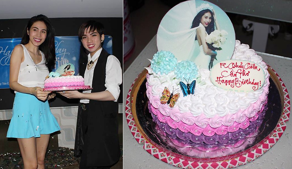 Sau phần chào hỏi thân mật, bà xã xinh đẹp của cầu thủ Công Vinh bất ngờ nhận được chiếc bánh kem có hình mình. Cô cho biết bản thân cảm thấy rất vui, hạnh phúc với món quà sinh nhật sớm này.