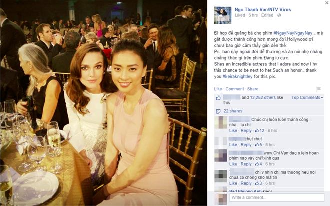 Tháng 11 vừa qua, “đả nữ” Ngô Thanh Vân có chuyến công tác ở Mỹ và tham dự lễ trao giải Hollywood Flim Awards 2014. Trên trang cá nhân, nữ diễn viên Dòng máu anh hùng đăng bức ảnh cô chụp cùng Keira cùng dòng chia sẻ cảm xúc khi được gặp minh tinh người Anh. 