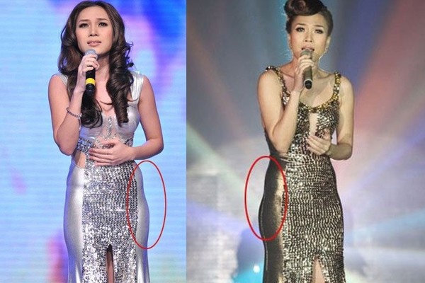 Mỹ Tâm cũng là ngôi sao mang nhược điểm “đùi ếch” và từng nhiều lần mắc lỗi trang phục khi để lộ nhược điểm qua bộ váy chật chội. Ngoài ra, chất vải ánh kim dù bắt mắt trên sân khấu nhưng đồng thời phô bày thêm lỗi phản cảm. 