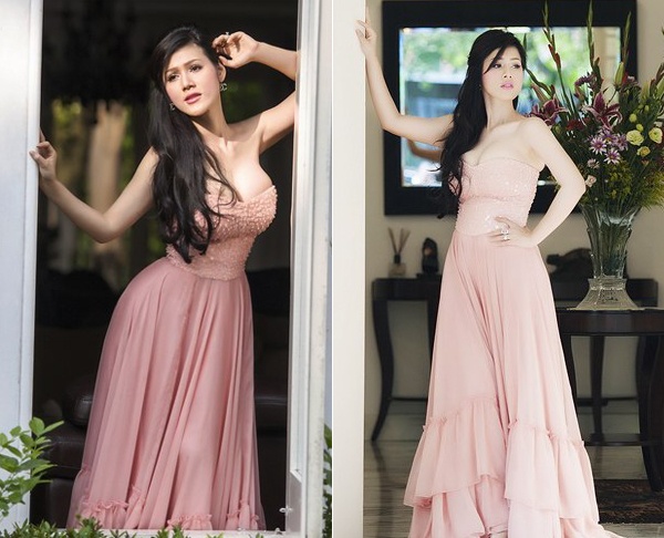  Trong một bộ ảnh, ngực khủng của người đẹp Đinh Phương Ánh như muốn rớt khỏi váy vì bị chèn ép quá mức. Phần cúp ngực quá trễ nải  và dường như không vừa vặn với số đo khiến vòng 1 Phương Ánh như bị ép chặt. 