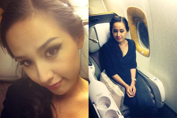 Hoa hậu Mai Phương Thúy đăng hình ảnh tươi tắn, xinh đẹp trên máy bay và chia sẻ những việc cô sẽ làm trong chuyến bay: 
