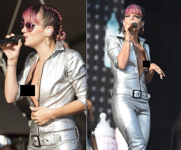 Mặc bộ jumpsuit với phần khóa áo hở sâu, nữ ca sĩ Lily Allen bị lộ một bên ngực khi chụp ảnh nghiêng trong lúc đang biểu diễn tại sự kiện V Festival ở công viên Hylands hồi tháng 8.