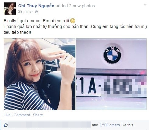 Chi Pu là mỹ nhân mới nhất của showbiz Việt vừa tậu xế hộp trong những ngày cuối năm. Trên trang cá nhân vào ngày cuối cùng của năm 2014, cựu hot girl kiêm diễn viên Chung cư ma khoe biển số chiếc xe mới hiệu BMW mà cô vừa mua. 