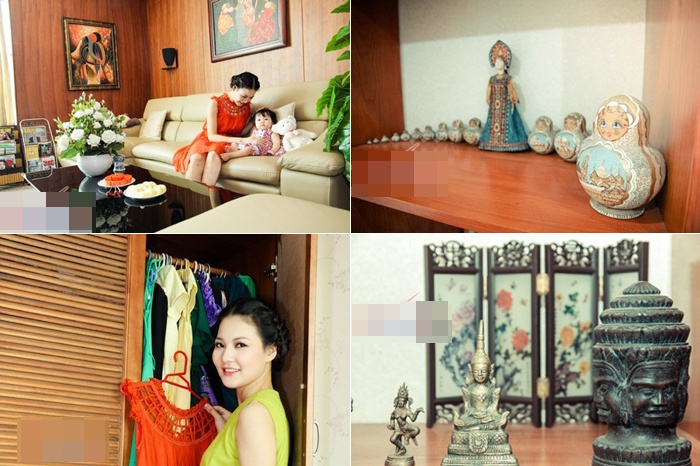 Trị giá căn nhà không được người đẹp gốc Hải Phòng tiết lộ. Cô trang trí tổ ấm bằng tranh sơn dầu và những món đồ mà vợ chồng hoa hậu mua về từ những chuyến công tác ở nước ngoài. 