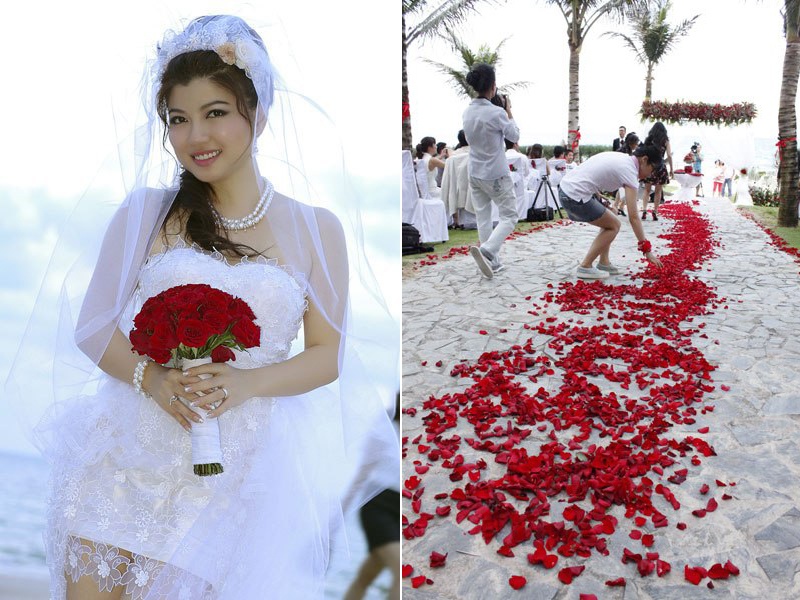 Ngày trọng đại của người đẹp Giao lộ định mệnh hầu hết được chú rể lo toàn tất cả. Nghi thức cưới diễn ra trên bãi cát trắng, gần đó hàng dừa rì rào. Trên lối đi đến cổng hoa đều được rải đầy cánh hoa hồng lãng mạn như tính cách của vợ chồng Tăng Bảo Quyên, hàng ghế khách mời  cũng được cài cắm hoa hồng.