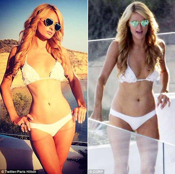 Trong kỳ nghỉ ở Ibiza cuối năm ngoái 2014, Paris Hilton đăng bức ảnh diện bikini trắng khoe vòng eo nhỏ xíu trên trang cá nhân. Tuy nhiên khi nhìn lại tấm hình paparazzi chụp được, vòng 2 đã được người đẹp thu nhỏ bằng phần mềm chỉnh sửa ảnh. 