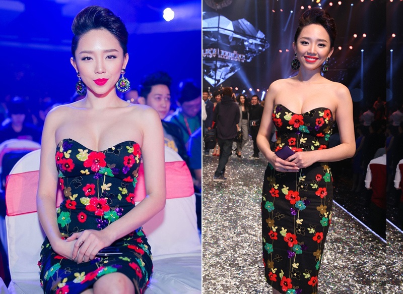 Trước đó, tại sự kiện đêm chung kết Next Top Model  diễn ra vào tháng 1, giọng ca sinh năm 1988 cũng phô ngực đầy trong bộ váy họa tiết hoa và ôm sát. 