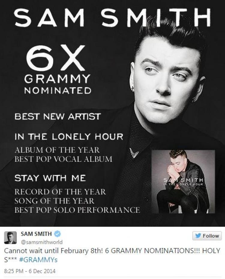 Sam Smith càn quét những hạng mục đề cử quan trọng ở Grammy 2015.
