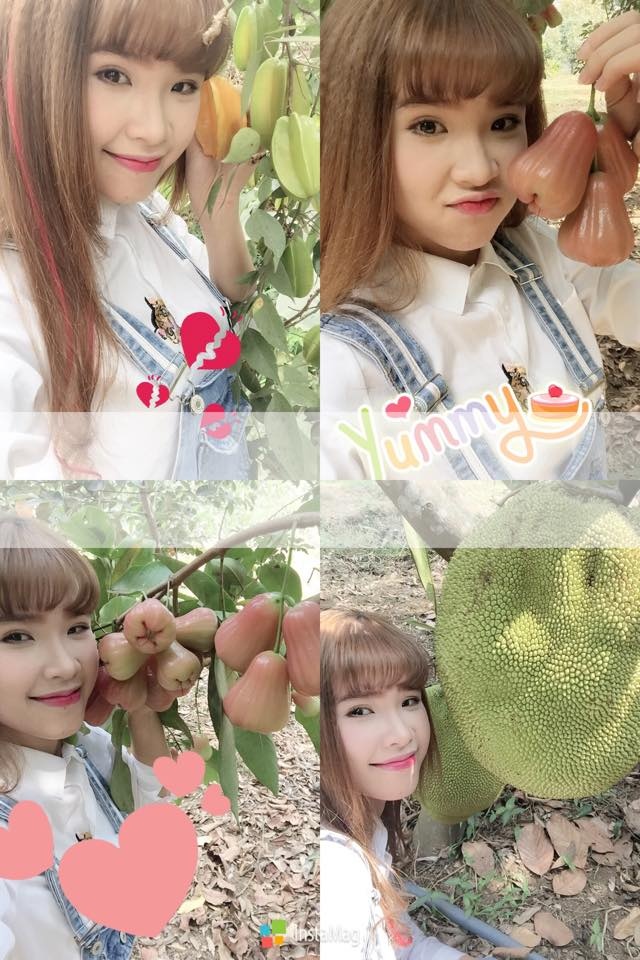 Trong khi Khởi My tranh thủ chụp ảnh tự sướng và “khoe” các loại trái cây do chính nhà mình trồng - “Trái cây vườn nhà bạn Zoi đầu năm đây. Không sợ bị thuốc độc đâu hịa hịa”...