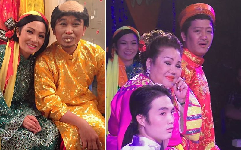 Sau đó vài giờ, giọng ca Giã từ dĩ vãng tiếp tục đăng tải hình ảnh hậu trường cùng NS Hữu Quốc, Ngọc Giàu, Trường Giang... khi diễn vở Đại Hỷ tại rạp Công nhân (Nhà hát Kịch TP HCM).