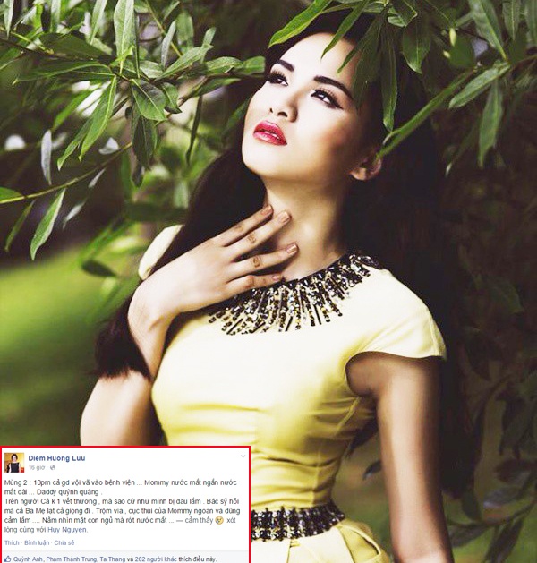 Một Hoa hậu khác gặp sự cố trong ngày Tết là Diễm Hương - người đẹp vừa sinh cậu con trai đầu lòng Noah vào tháng 1 vừa qua. Trong ngày mùng 2 Tết, trong lúc chơi đùa, Noah vô tình bị ngã nên vợ chồng Diễm Hương lo lắng tức tốc đưa con đi viện để kiểm tra. Bác sĩ cho biết Noah chỉ bị trầy xước nhẹ và đã được băng bó. Bà mẹ trẻ Diễm Hương khá lo lắng bởi con trai còn quá bé đã phải chịu đau, cô không khỏi rơi nước mắt vì xót con. 