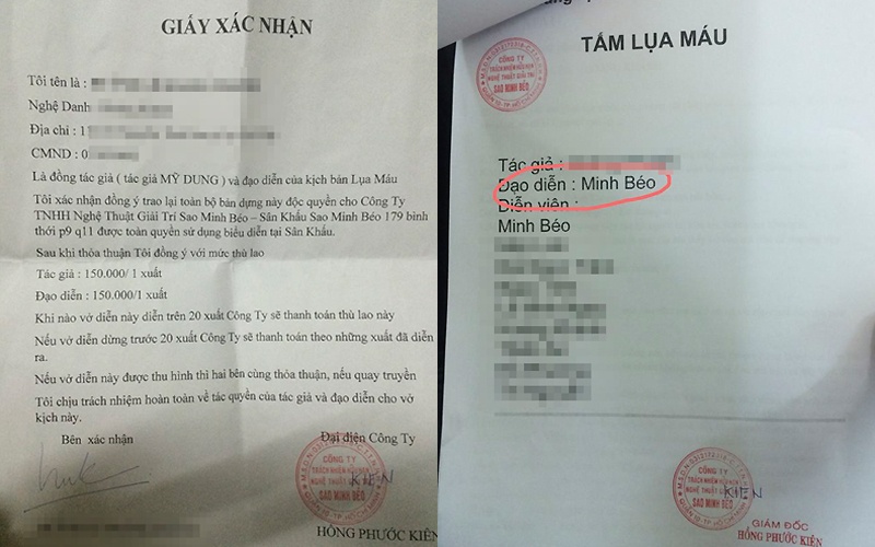 Hình ảnh đính kèm theo bức tâm thư của vị đạo diễn trẻ. Trả lời phỏng vấn một trang tin điện tử, người này cho biết Minh Béo không chỉ cướp quyền đạo diễn tác phẩm Tấm lụa máu của mình mà trước đó còn đề nghị anh tạo scandal về chuyện tác quyền để mọi người chú ý vở kịch hơn. Đây là lần thứ ba Minh Béo bị người khác tố trên mạng xã hội, sau hai vụ bị tố gạ tình hot boy.