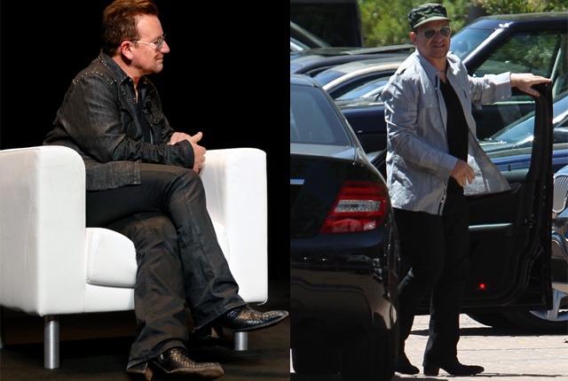 Nam ca sĩ kỳ cựu Bono hiếm khi ra đường mà thiếu đi giày cao gót để cải thiện chiều cao khiêm tốn 1m75.