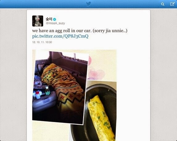 Trên trang Twitter, Suzy chú thích bức ảnh món trứng cuộn là “Agg roll”, trong khi chính xác là “Egg roll”