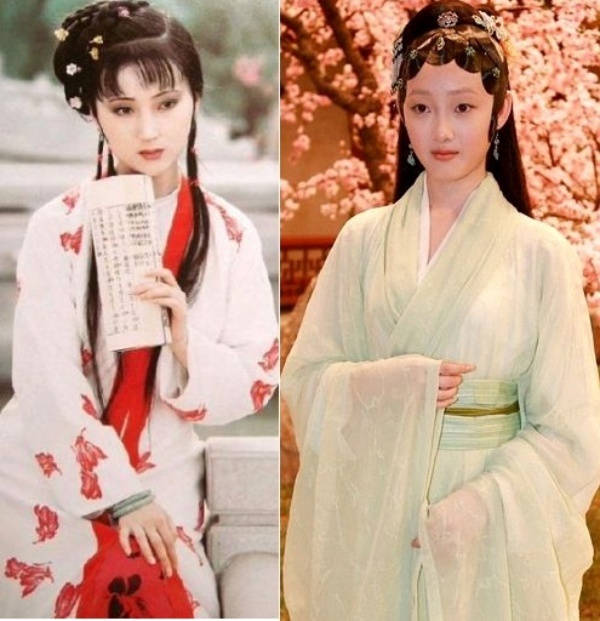 Lâm Đại Ngọc kinh điển do Trần Hiểu Húc đóng (trái) e lệ và mỏng manh, đối lập hoàn toàn với vẻ đẹp tươi trẻ đầy sức sống của Mộng Tiệp.