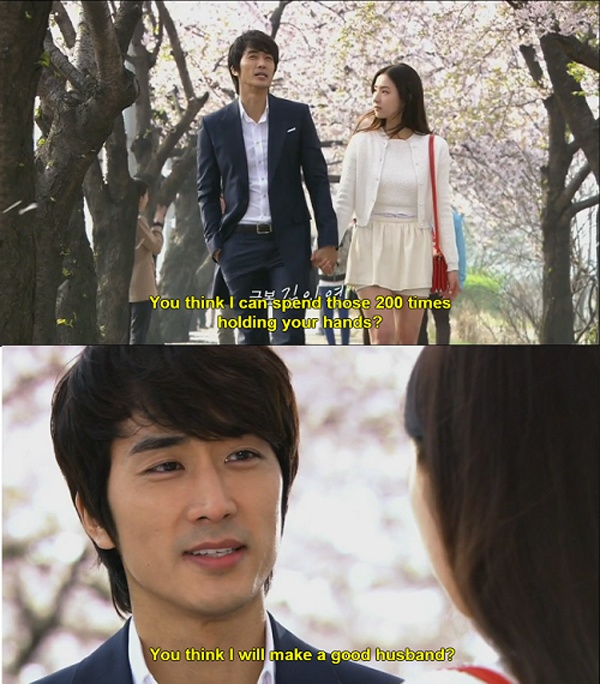 Trong When a Man Loves, hai nhân vật chính nắm tay đi dạo trên con đường ngập bóng hoa anh đào. Cặp đôi cùng nói về tương lai viên mãn sau khi kết hôn.