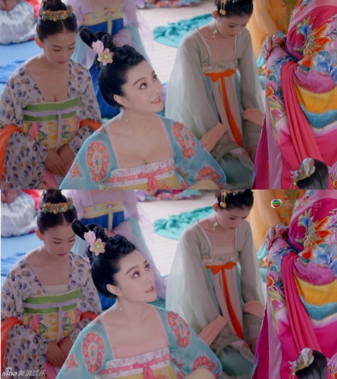 Võ Mỵ Nương quỳ xuống lộ vòng ngực đầy (trên). Nhờ chỉnh sửa, người ta không còn tập trung vào vòng một của cô.