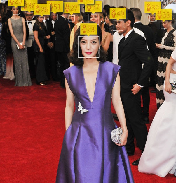 Triệu Vy là người đẹp được khai gian tuổi đáng kể qua việc đoán tuổi nhờ ảnh Cô chỉ mới 23, trong khi thực tế, cô đã ở tuổi 39. Trong tấm ảnh, Anna Hathaway cũng bị đoán nhầm. Cô năm nay 33 tuổi nhưng lại cho ra kết quả 20 tuổi.