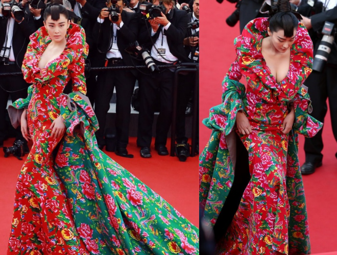 Trương Hinh Dư gây chú ý vì váy lạ. Cô cố tình câu giờ trên thảm đỏ và khi bị nhắc nhở mới chịu rời đi.