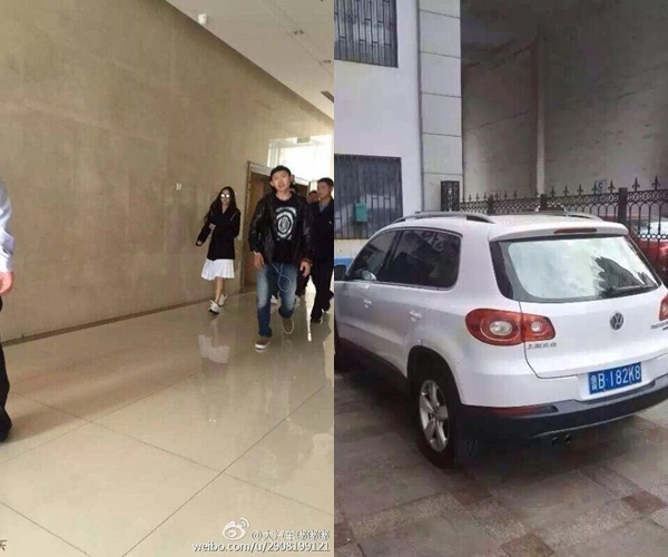 Hình ảnh Angela Baby tại văn phòng đăng ký kết hôn Thanh Đảo (trái) trong chiều 27/5 và chiếc xe của Huỳnh Hiểu Minh đợi bên ngoài.
