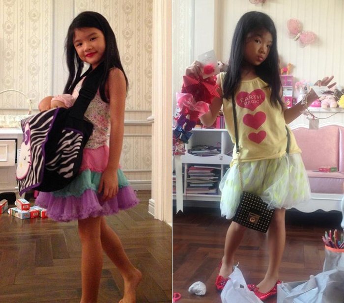 Sở hữu vóc dáng cao ráo giống mẹ, Bảo Tiên sở hữu nhiều váy áo nữ tính. Cô bé 6 tuổi còn tập tành làm quen với son môi, sơn móng tay và đã biết cách kiễng chân, chu môi khi tạo dáng chụp ảnh.  