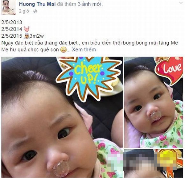 Ở ẩn từ năm ngoái để dưỡng thai rồi sinh con, phải đến đầu tháng 5, nữ ca sĩ Maya mới hé lộ diện mạo cận mặt con gái đầu lòng. Trên trang cá nhân, người đẹp phim Scandal đăng ảnh con gái mới 3 tháng tuổi đang “thổi bong bóng mũi”. 