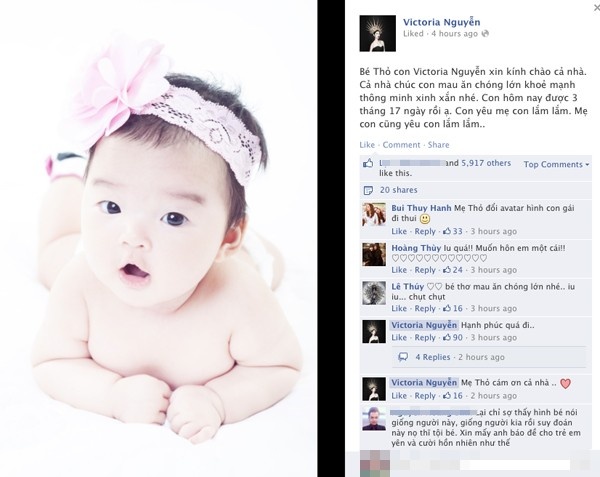 Cũng làm mẹ đơn thân nhưng cựu người mẫu Xuân Lan không giấu giếm chuyện sinh con. 3 tháng sau khi hạ sinh bé Thỏ, Xuân Lan đăng bức ảnh cận mặt con gái lên trang cá nhân. Cô viết chú thích: “Bé Thỏ con Victoria Nguyễn xin kính chào cả nhà…”. 