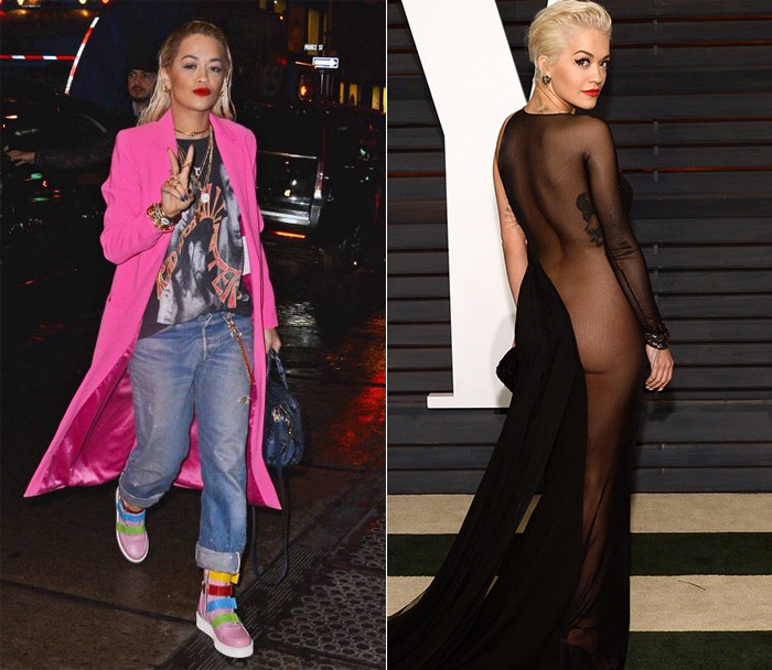 Nhưng khi sang đến thảm đỏ, Rita nhiều lần khiến báo giới xôn xao vì những bộ cánh xuyên thấu táo bạo, xẻ ngực sâu gợi cảm. 